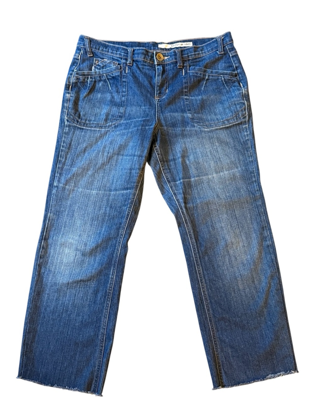 DKNY Jeans Women’s Denim Blue Cropped Straight Leg Raw Hem Distressed Size 12